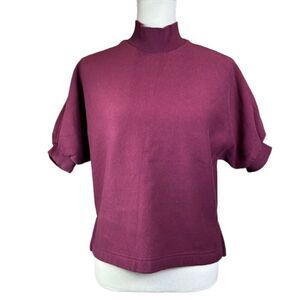 Banana Republic Women's High Neck Puff Sleeve Fleece Top Raspberry Burgundy XS